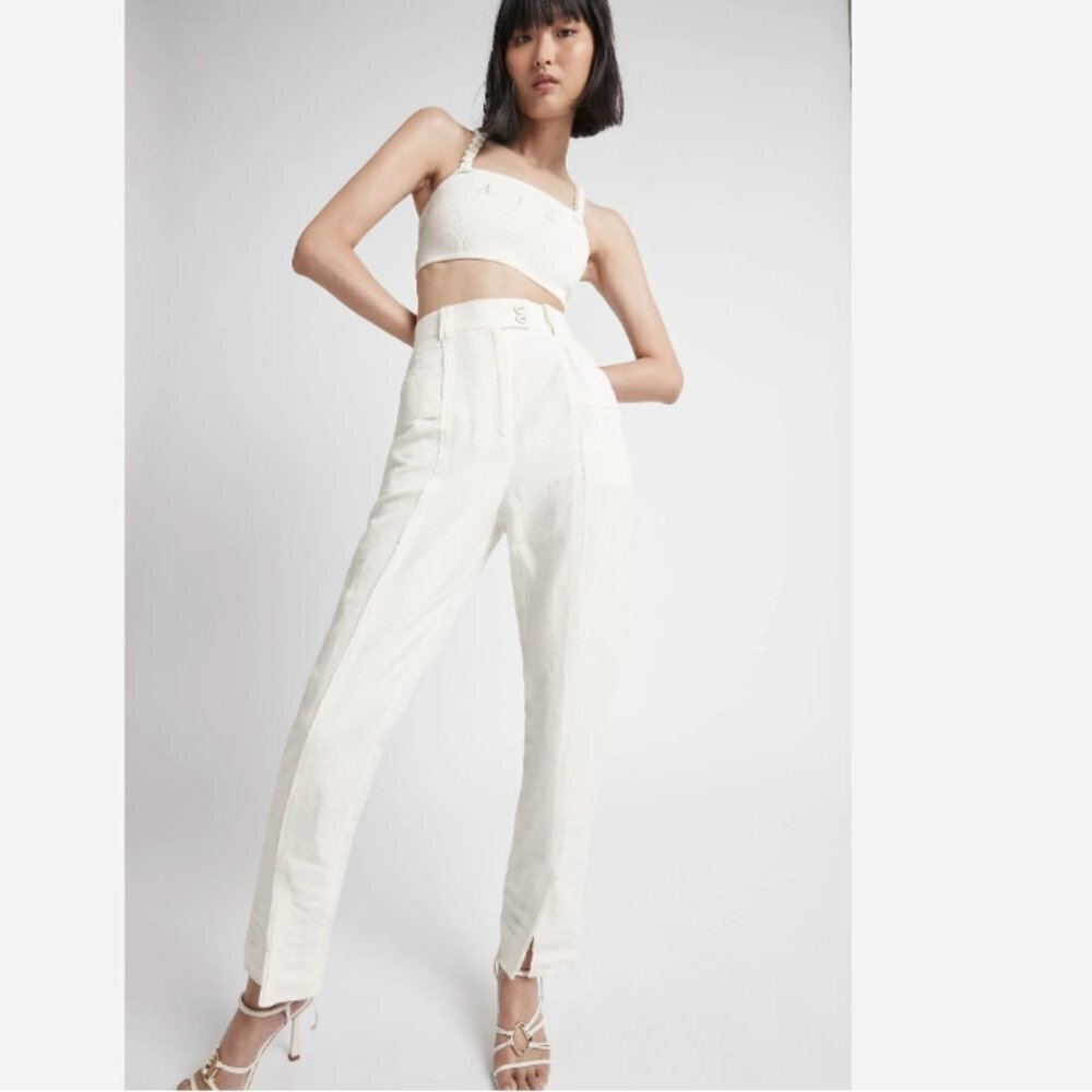 AJE WHITE LINEN BLEND MARTINO TAPERED LEG FRAY PANTS - 4 - Picture 3 of 13